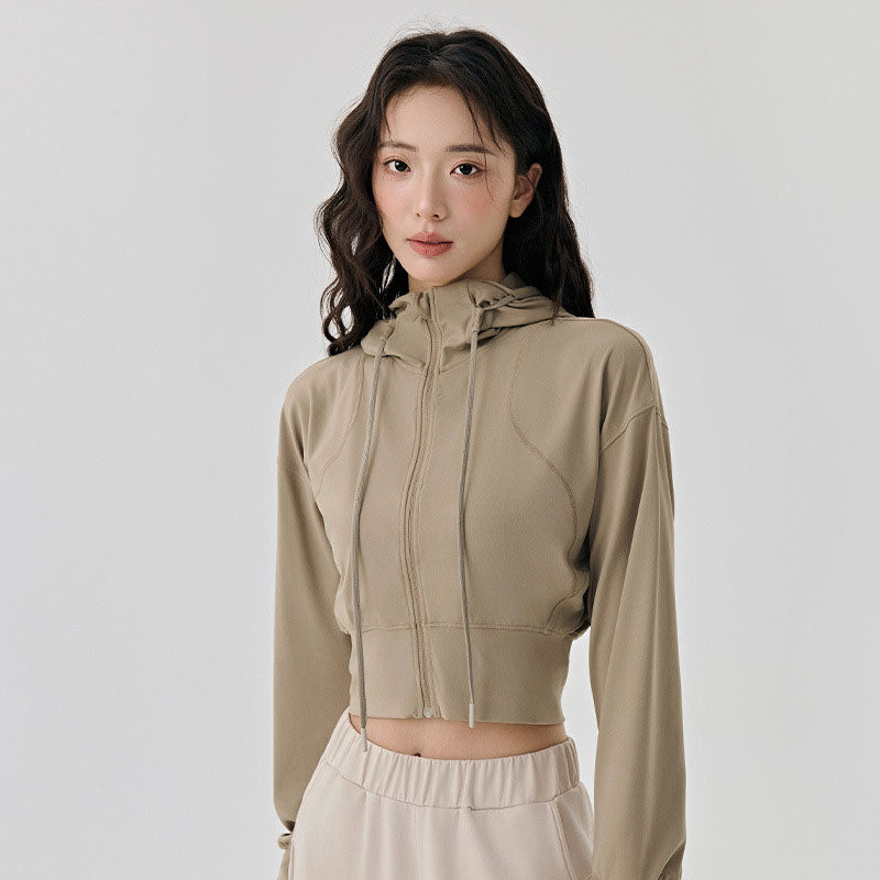 Women's short yoga coat with adjustable hat rope