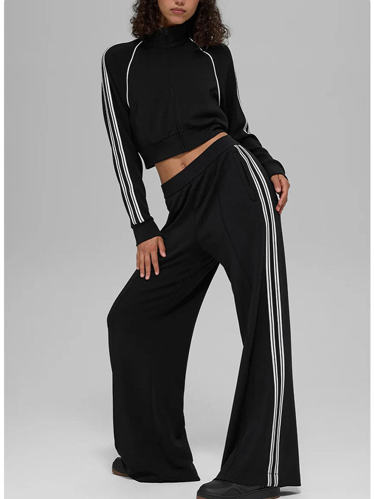 Women's new sports stand-up collar zipper coat+drape loose wide-leg pants suit