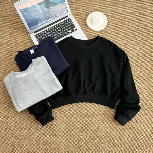 Women's Autumn New Casual Joker Cotton Short Navel Long Sleeve Blouse Leisure Sports Sweater