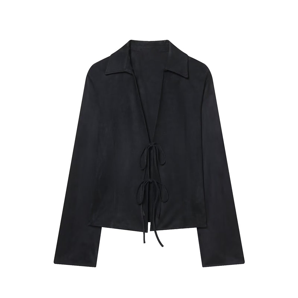 Women's black slim suede effect lace up shirt