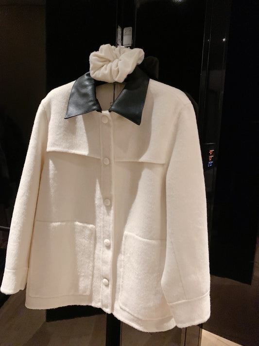 Women's new double-sided stitching leather collar coat