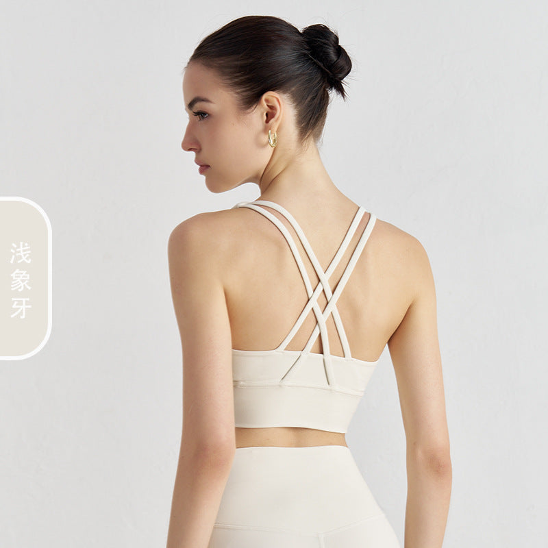 Women's new double-sided sanding cross back sports bra shockproof gathered yoga bra fitness vest