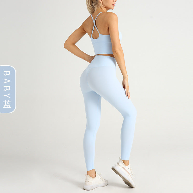 LU Women's new nude yoga suit sexy cross back sports bra peach hip high waist yoga suit