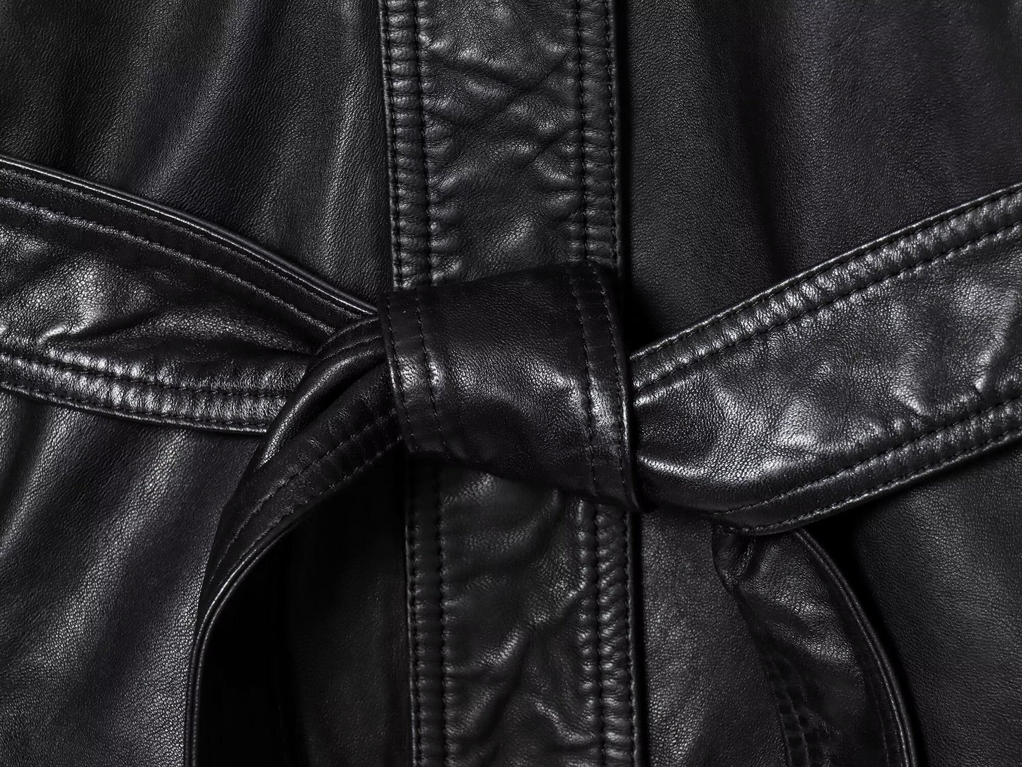 Women's with Belt Black Faux Leather Lapel Coat