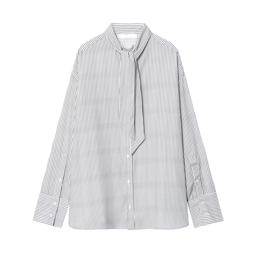 Women's New Scarf Decorative Striped Poplin Shirt