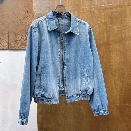 Women's new retro lapel zipper coat embroidered denim coat