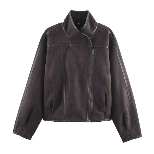 Women's stand collar Fur Faux Leather double-sided jacket Coat