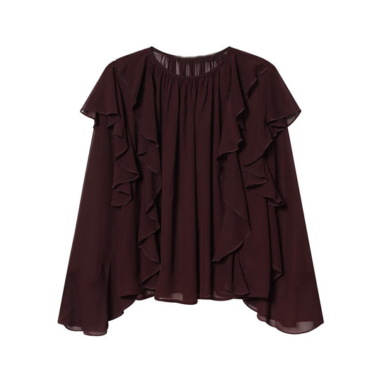 Women's ruffled edge decoration O Neck pleated top