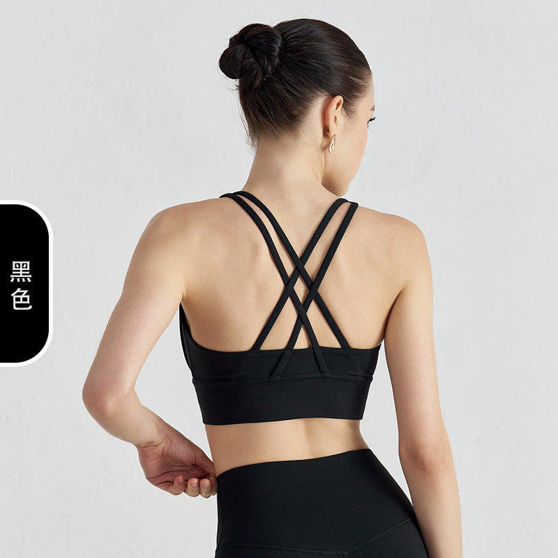 Women's new double-sided sanding cross back sports bra shockproof gathered yoga bra fitness vest