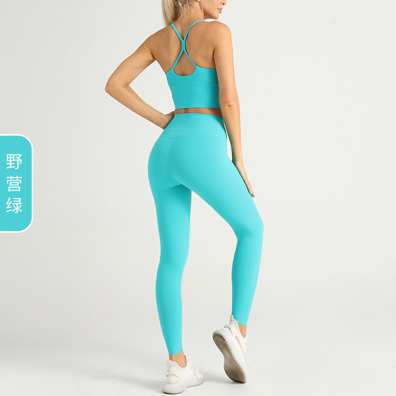 LU Women's new nude yoga suit sexy cross back sports bra peach hip high waist yoga suit