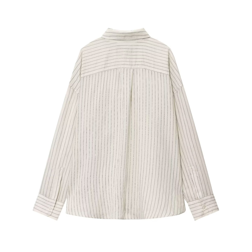 Women's new fashion loose striped lapel long sleeved shirt