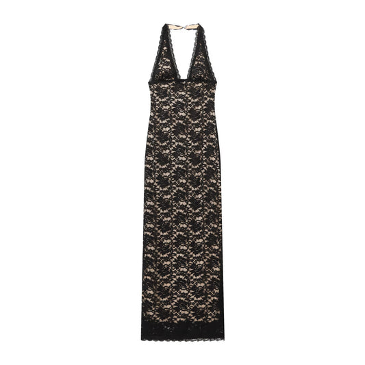 Women's slim hanging neck lace MIDI dress