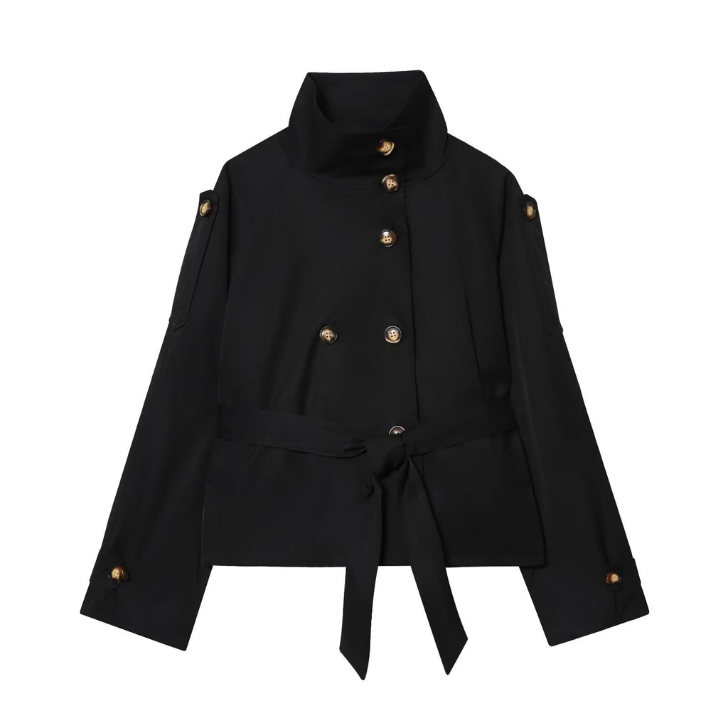 Women's 2025 New With Belt Short Double breasted Windbreaker Coat