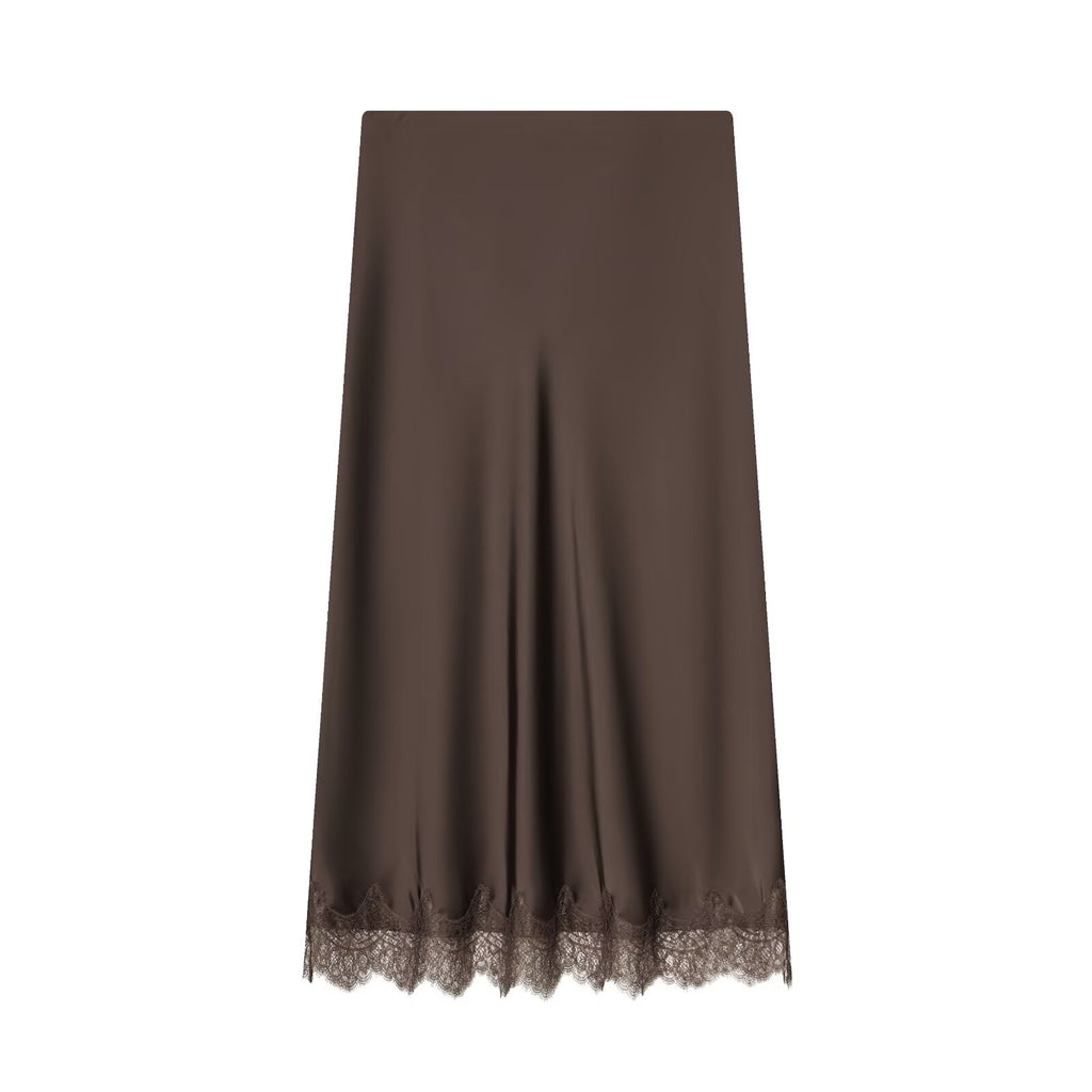 Women's lace hem satin texture MIDI skirt