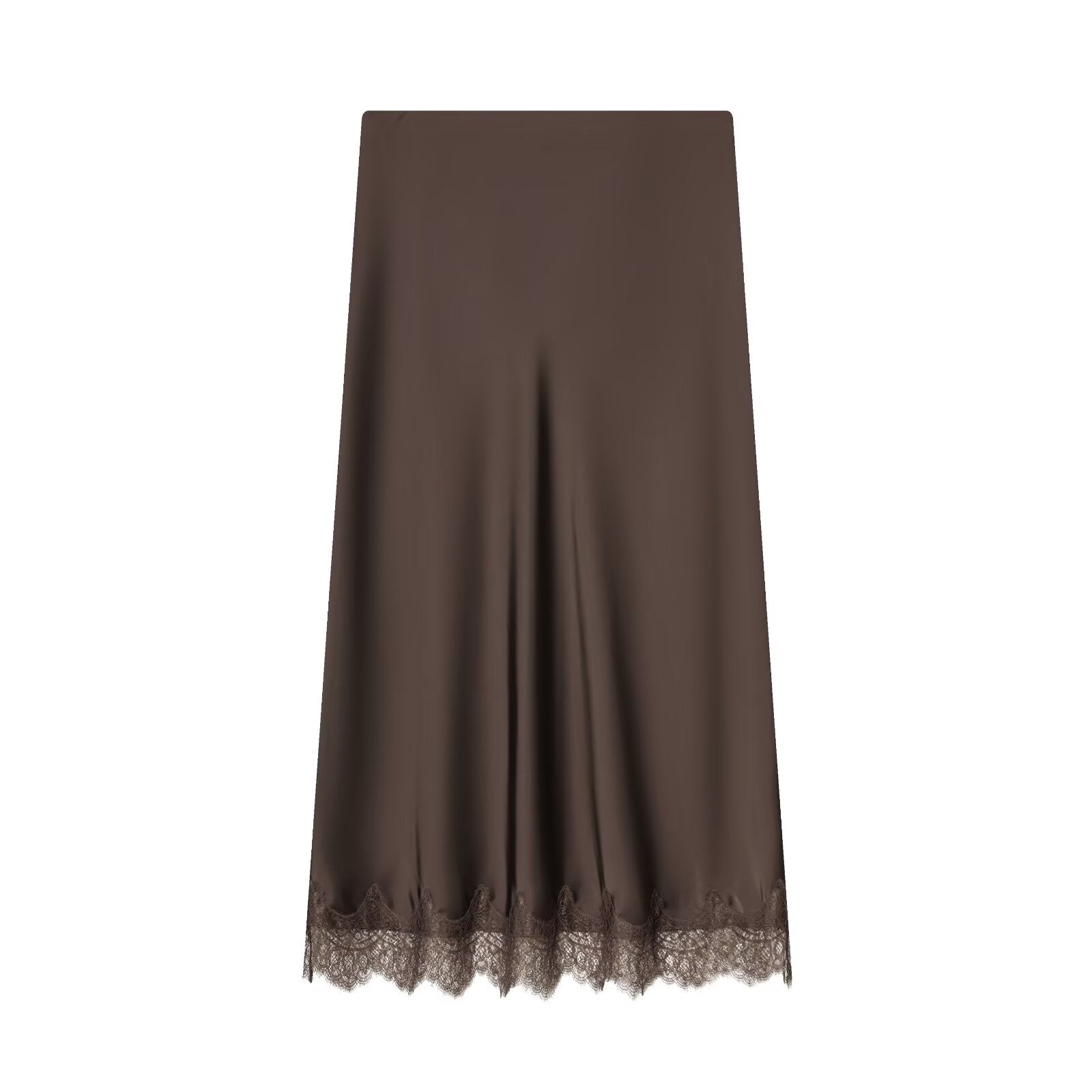 Women's lace hem satin texture MIDI skirt
