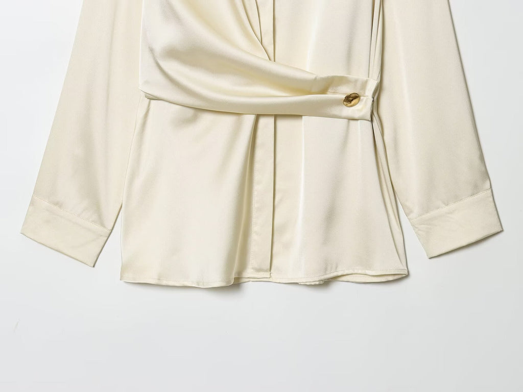 Women's new fashion knot decoration satin texture button up shirt