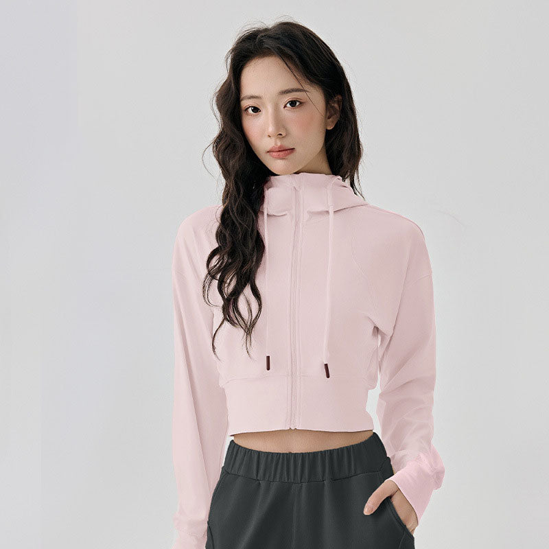 Women's short yoga coat with adjustable hat rope