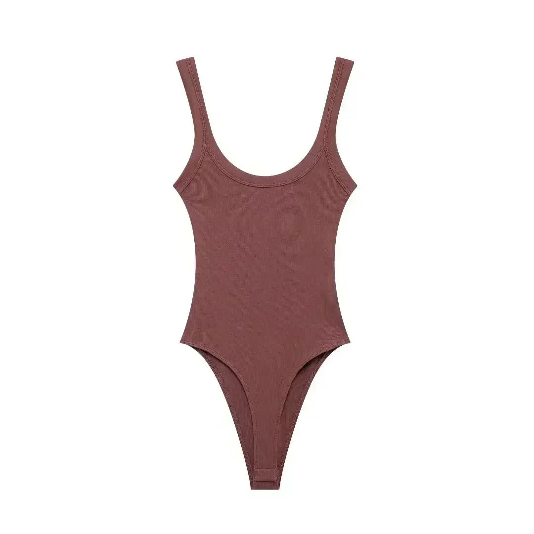 Women's New Fashion Multi Color Elastic Tight Backless Ribbed jumpsuit Retro Wide Straps Women's Short jumpsuit Mujer