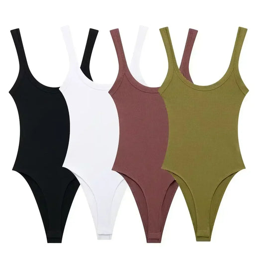 Women's New Fashion Multi Color Elastic Tight Backless Ribbed jumpsuit Retro Wide Straps Women's Short jumpsuit Mujer