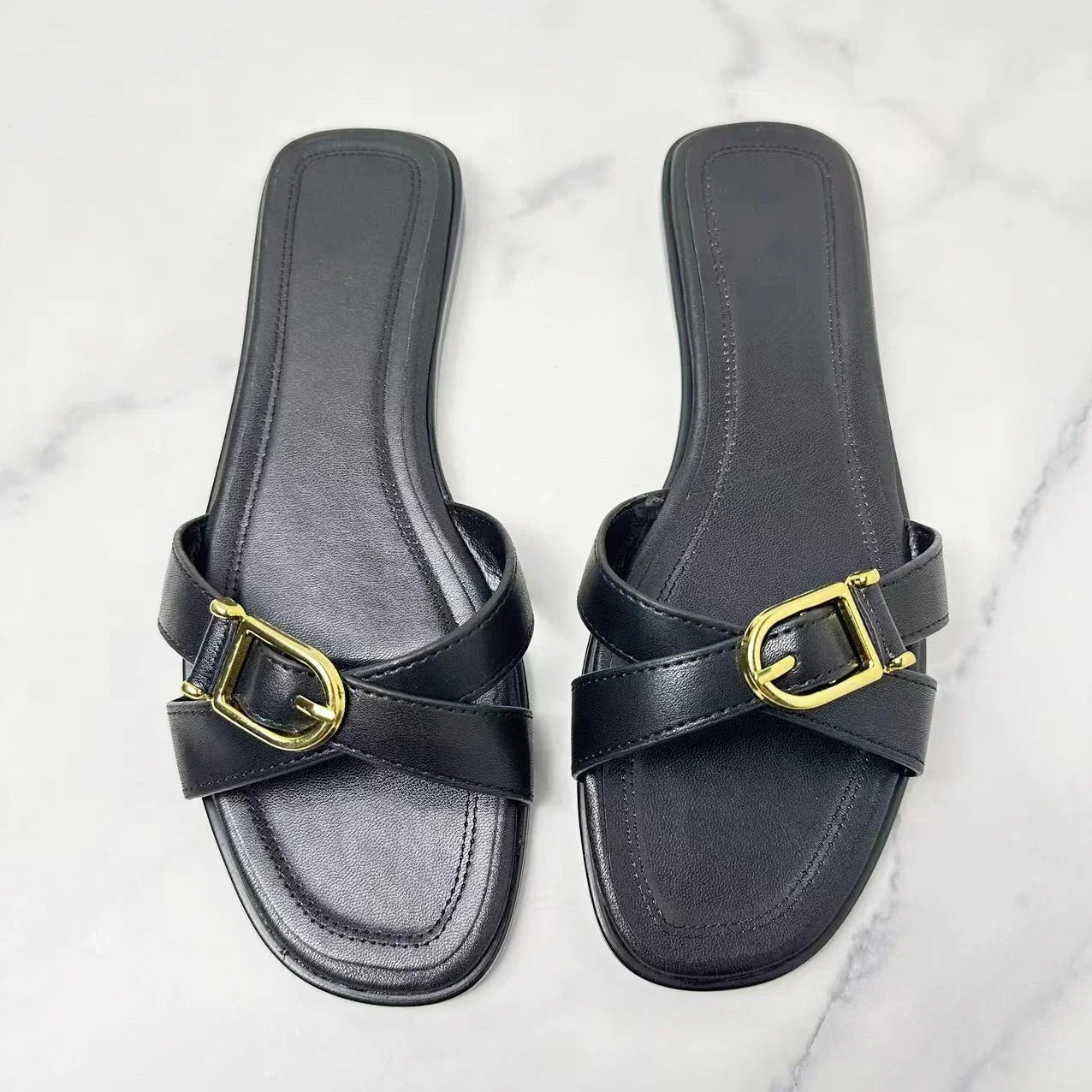 New 2024 Fashion Women's Flat Slippers Square Head Joker Cross Belt Travel Leisure Slippers Women