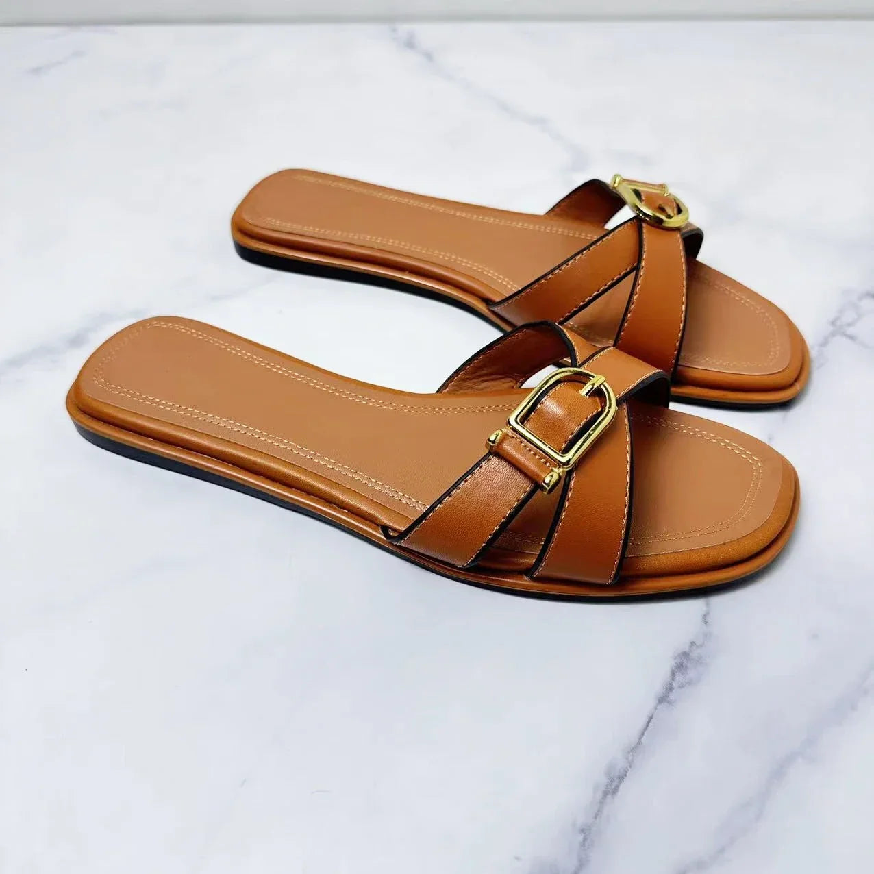 New 2024 Fashion Women's Flat Slippers Square Head Joker Cross Belt Travel Leisure Slippers Women