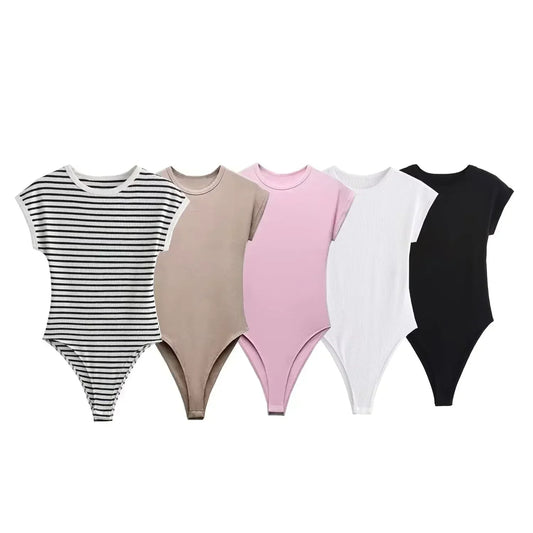 Women's New Chic Fashion Multi Color Slim O Neck Ribbed Knitted jumpsuit Retro Short sleeved Women's Short jumpsuit