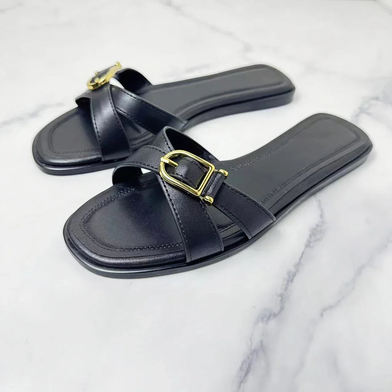 New 2024 Fashion Women's Flat Slippers Square Head Joker Cross Belt Travel Leisure Slippers Women