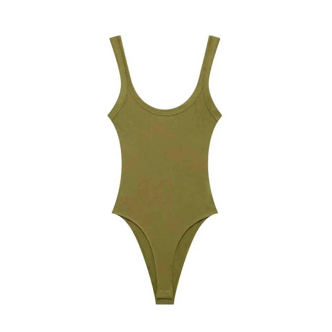 Women's New Fashion Multi Color Elastic Tight Backless Ribbed jumpsuit Retro Wide Straps Women's Short jumpsuit Mujer