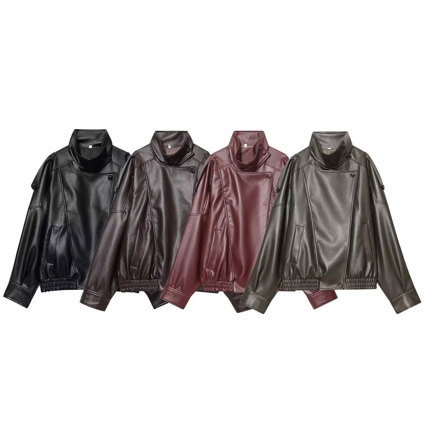 Women's new loose stand collar Faux Leather jacket Coat