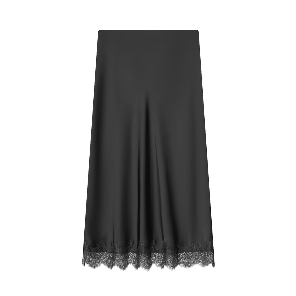 Women's lace hem satin texture MIDI skirt