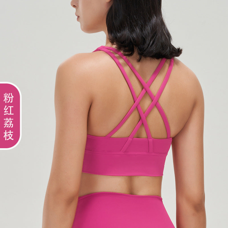 Women's new double-sided sanding cross back sports bra shockproof gathered yoga bra fitness vest