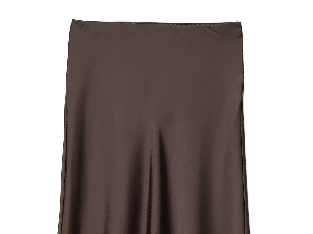 Women's lace hem satin texture MIDI skirt