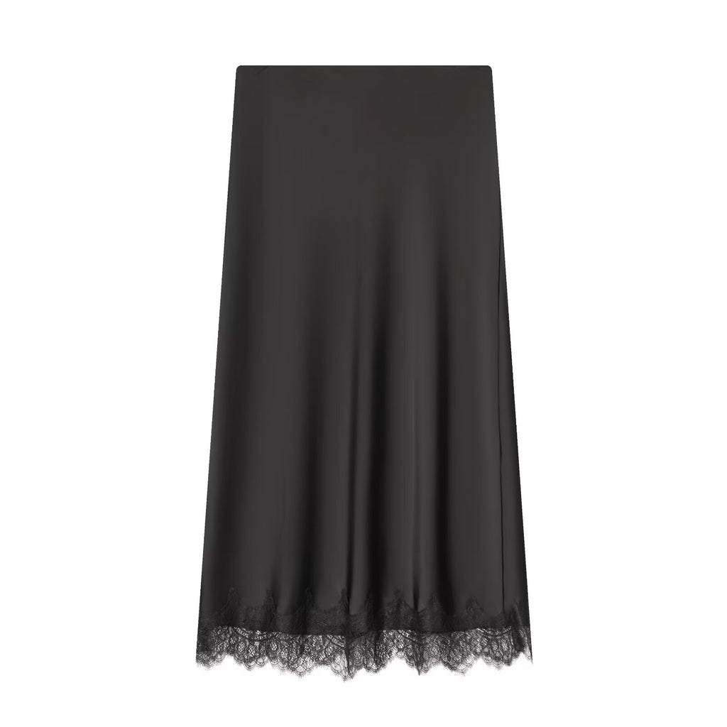 Women's lace hem satin texture MIDI skirt