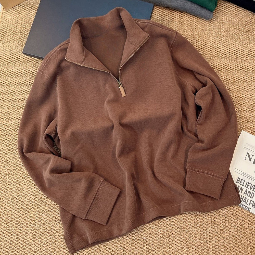 Women's semi-zipper pullover stand collar long sleeve knitted sweater polo shirt