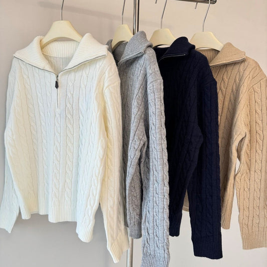 New loose-fitting cable knit cotton half-zip knit sweater