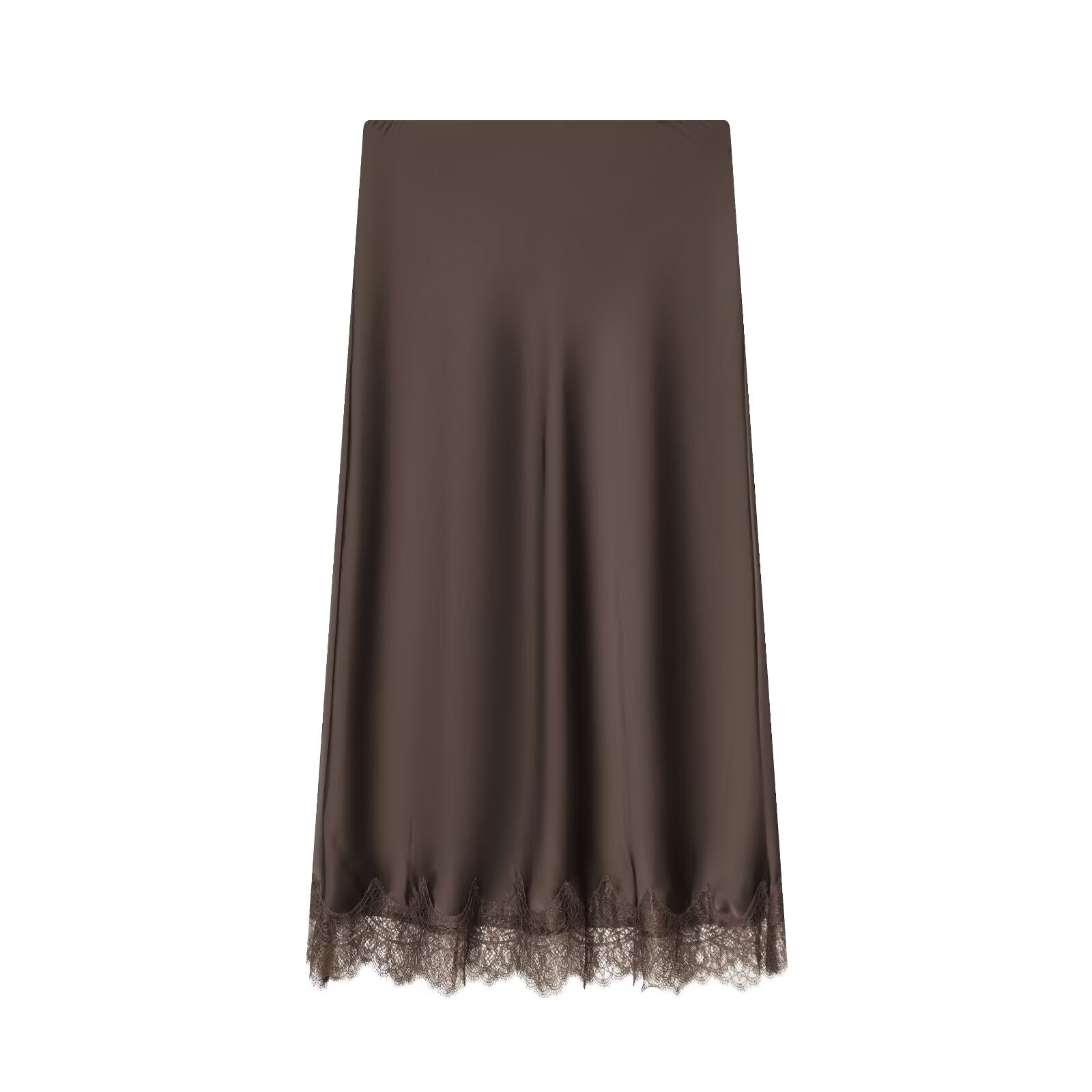 Women's lace hem satin texture MIDI skirt