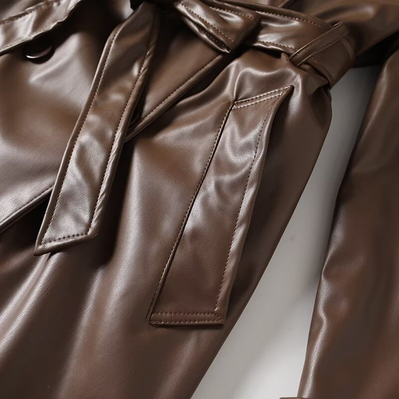 Women's new fashion with Belt long style double breasted faux leather Windbreaker Coat