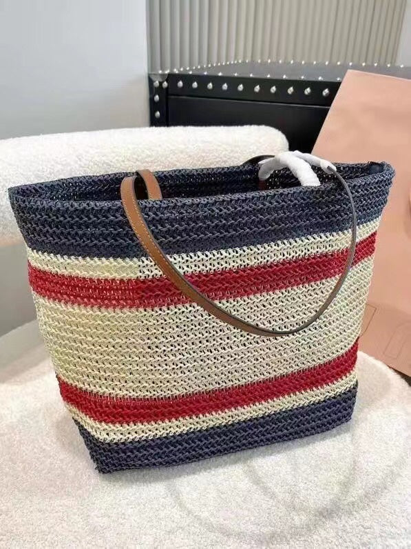 Women's new letter printing contrast stripe straw bag