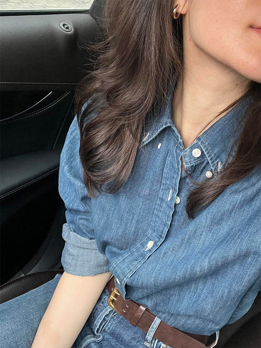 Men and Women with The Same New Casual Joker Denim Fabric Embroidered Couple Long Sleeve Shirt.